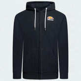 Ellesse Miletto Full-Zip Hoodie Men's in black, front view showing the full zipper, drawcord hood, split kangaroo pockets, and Ellesse logo on the chest.